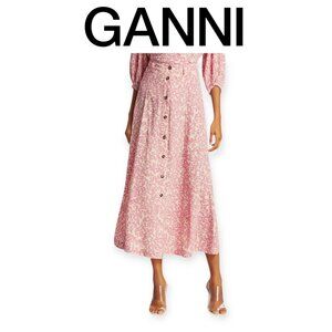 Ganni 100% Viscose Floral Crepe Midi Skirt size 4 EUC